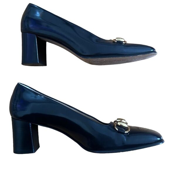 SOLD:Gucci Women's Gold Horsebit Navy Blue Block Heels Size 38C, 8 Wide - Picture 4 of 11